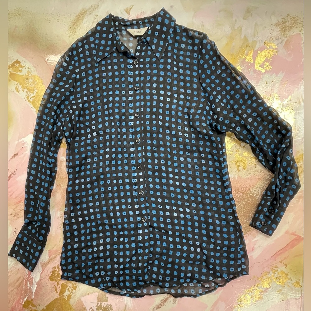 Next black & blue printed long sleeve sheer button down shirt 6